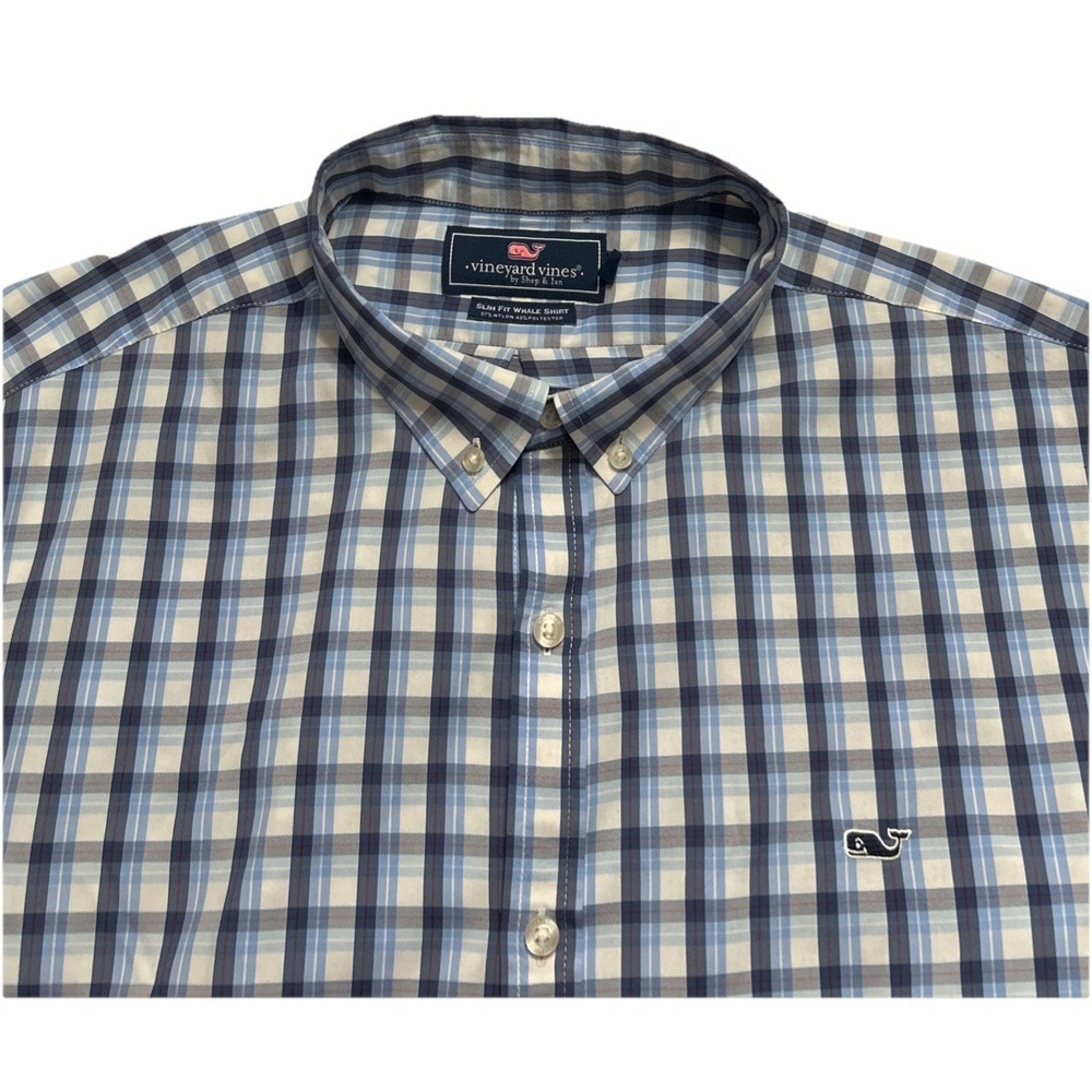 Mens Vineyard Vines Slim Fit L/S Whale Shirt Plaid Sz XL Performance Nylon Blend